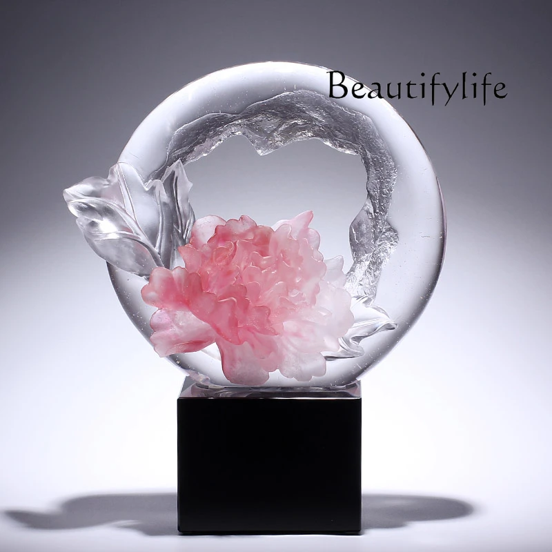 Glass Art Peony Flower Decoration Light Luxury High-End Office Desk Surface Panel Decorative Housewarming Gift