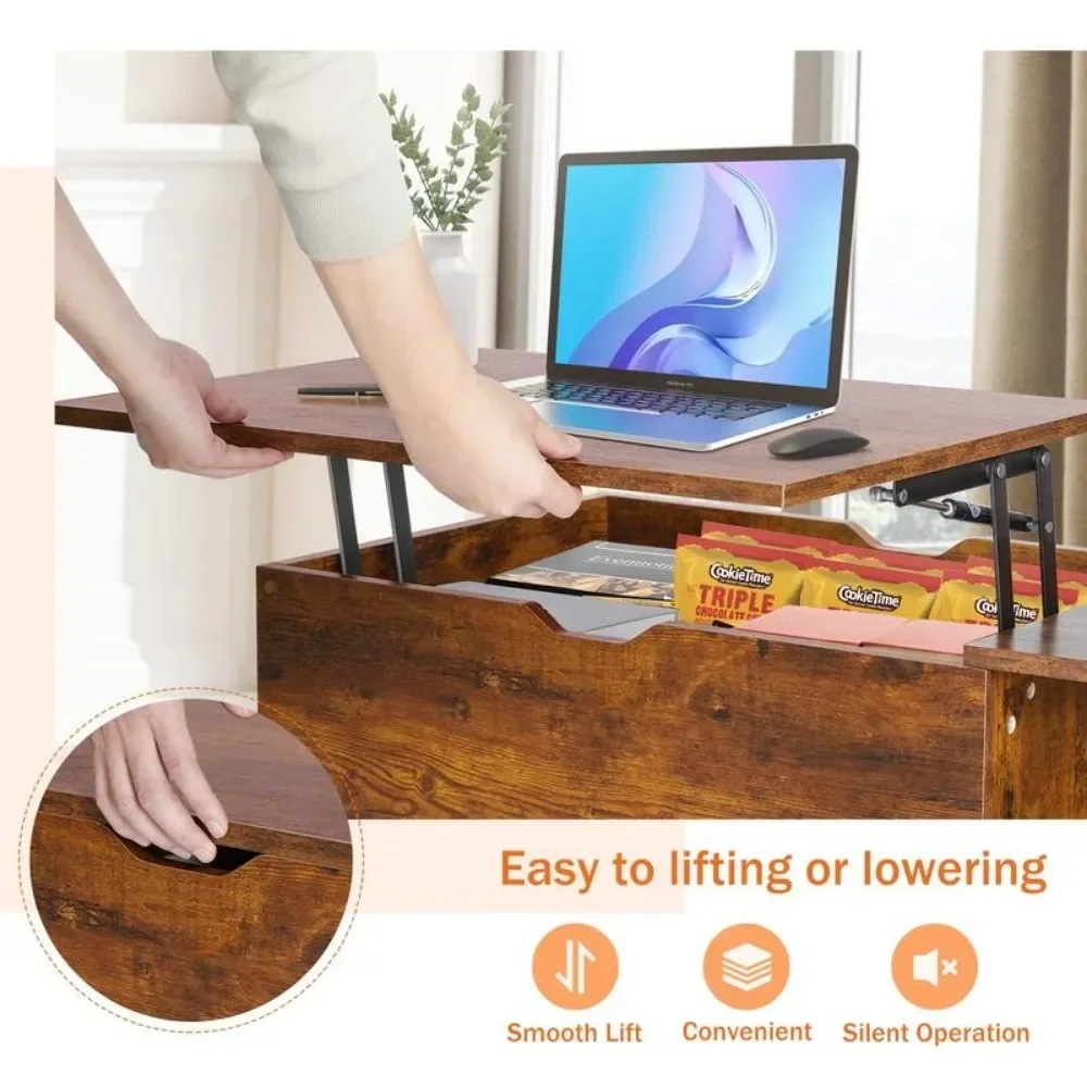 Lift Top Coffee Tables,Rising Tabletop Wood Dining Center Tables with Storage Shelf and Hidden Compartment image 4