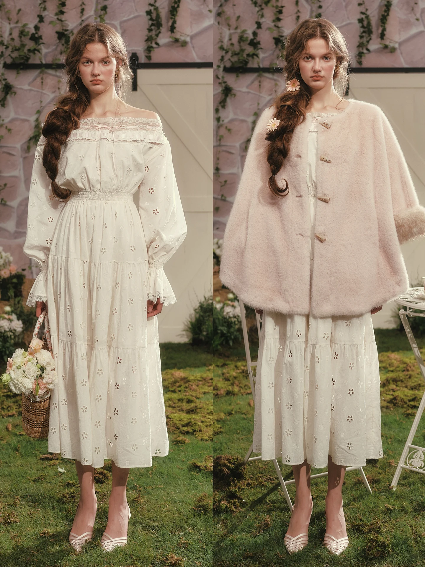 เดรสผู้หญิง TIYIHAILEY ผ้าฝ้าย 100% แขนยาว ความยาวระดับกลางน่อง ไซส์ S-L สไตล์วินเทจ เอวสูง คอเฉียง ปี 2026 ตกแต่งด้วยผ้าลูกไม้