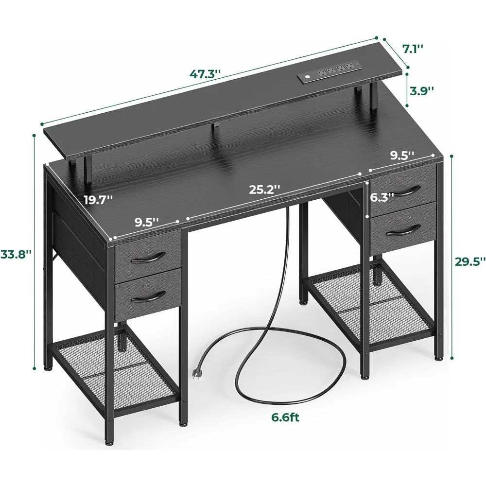 Mesa do computador com luzes LED e Power Outlets, Gaming Desk, 4 gavetas, 47 in