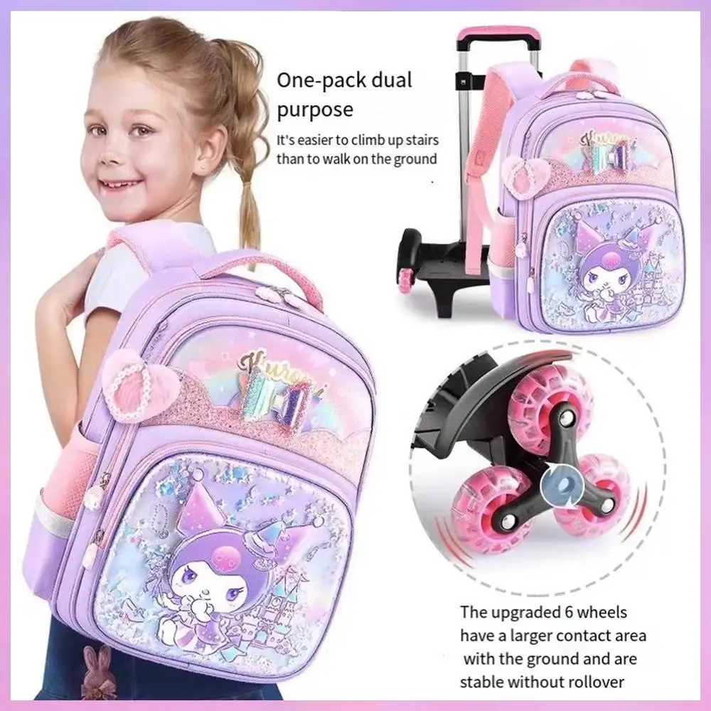 Mochila escolar para niños Sanrios Anime Hello Kitty Trolley Bag Kuromi mochila para estudiantes con ruedas ahorrar esfuerzo regalo duradero de alta capacidad