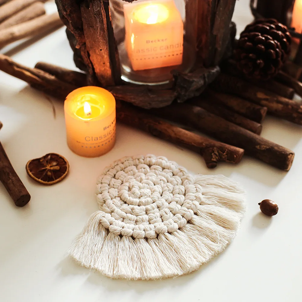 

Tablemat with Tassels Handmade Knitting Insulation Placemat Bohemia Home Dining Table Decor Coffee Table Coaster