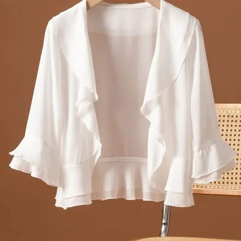 Outside Cardigan Sun Protection Women Summer Chiffon Jacket New Thin Lotus Leaf Sleeve Fashion Shawl Coat Sunscreen Tops Female