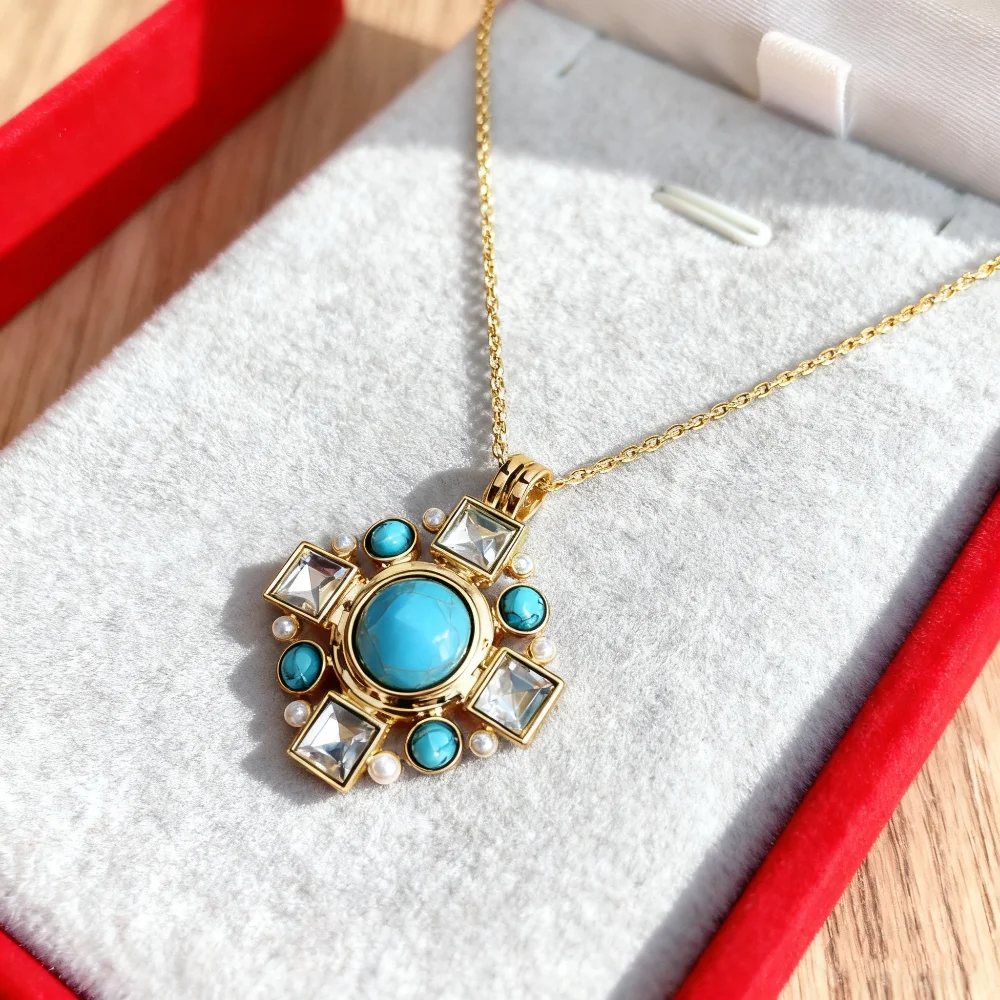 

Vintage Boho Gold Plated Turquoise Pendant Necklace with Crystal & Pearl Geometric Statement Jewelry Trendy Gift Adjustable