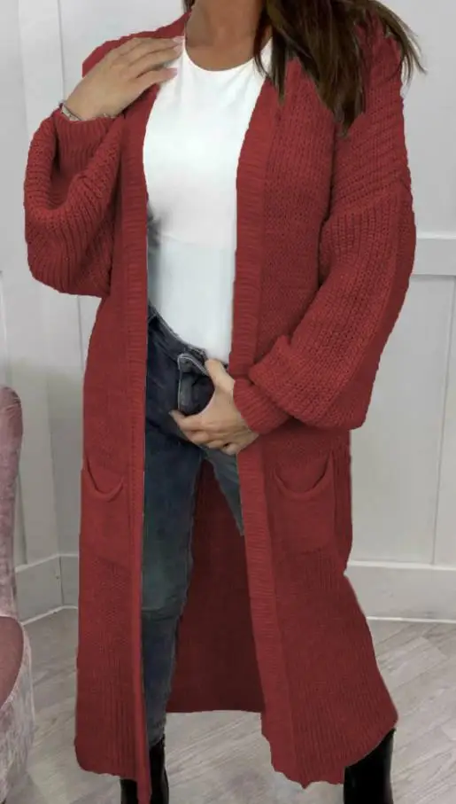 

Autumn and Winter Knitted New Cardigan Solid Color Long Pocket Coat Foreign Trade Lantern Sleeve Jacket