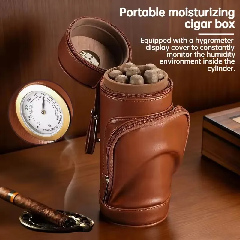 

Portable Leather Cigar Holder Large Capacity Moisture-proof Humidor With Hygrometer Zipper Father's Day Men Gift