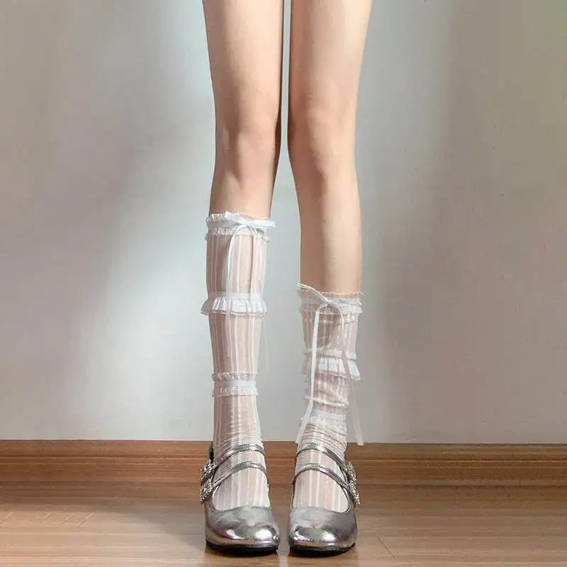 Mary Jane Women's Mid-Calf Summer Ballet Style Ribbon Knot Thickened Lace Edged White Lace Leg Socks Sweet Style