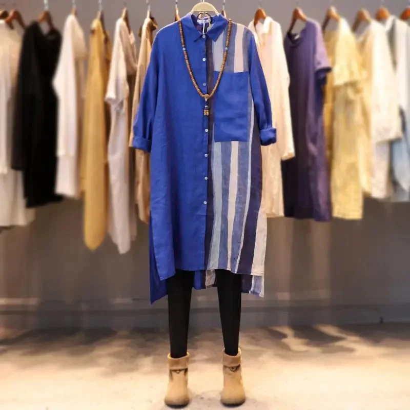 

Spring Autumn New Artistic Versatile Color Contrasting Striped Shirt cardigan Loose Plus Size Women's Casual Long Sleeved Shirt