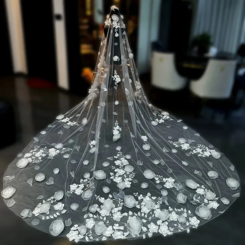 Bridal Tulle Veil With Comb Organza 3D Floral Appliques Pearl Hair Accessory For Bride Wedding Ceremony Reception Party Ornament
