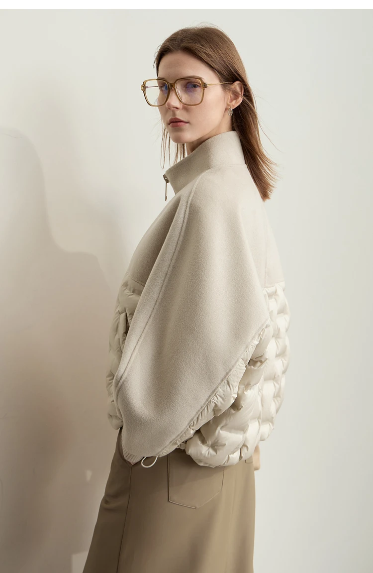 AMII Down Coats 100% Wool Stand Collar Loose Spliced Jackets for Woman 2024 Winter Warm New Casual Versatile Jacket 12454007