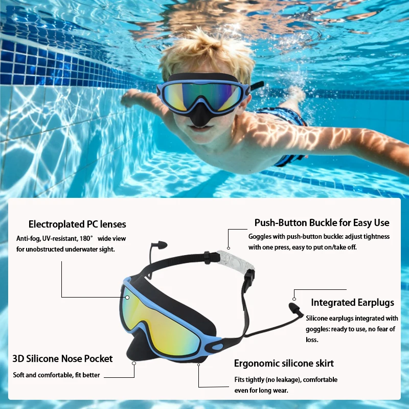어린이용 전기도금 수영 고글 내장형 귀마개 - 김서림 방지 방수 UV 보호, 부드러운 실리콘 스커트, 인체공학적 착용감