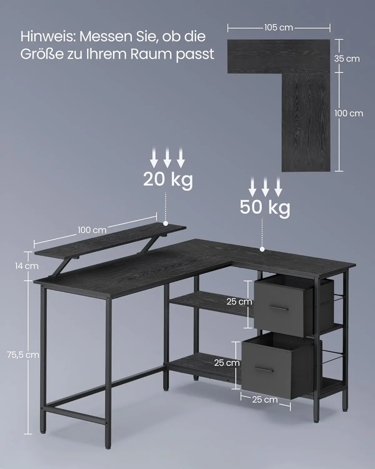 VASAGLE L-shaped desk, 2 spacious drawers, computer table with monitor stand, corner desk