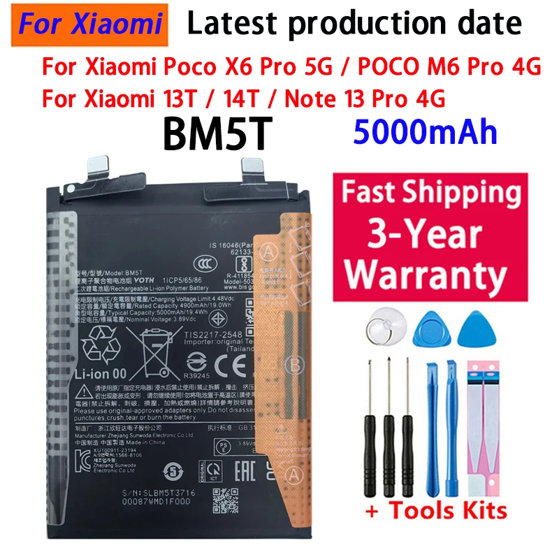 100% New Battery BM5T For XIAOMI 13T/14T/Poco X6 Pro 5G/POCO M6 PRO 4G /REDMI NOTE 13 PRO 4G Battery + Free Tools