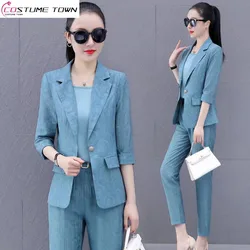 Korean Popular Summer Thin Candy Color Jacket Casual Pants Two-piece Elegant Women Pants Suit Manager Office Outfits