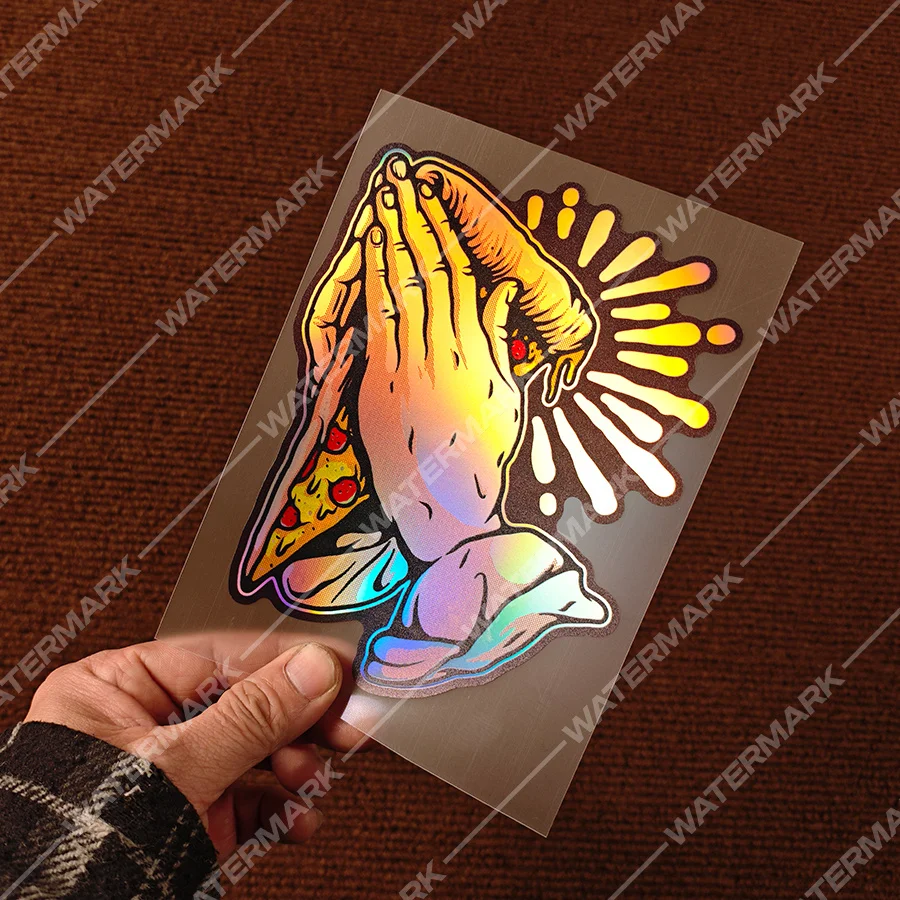 Holographic Praying Hands Pizza Sticker, Funny Food Vinyl Decal, Waterproof Decor for Motorcycle Helmet Car Window