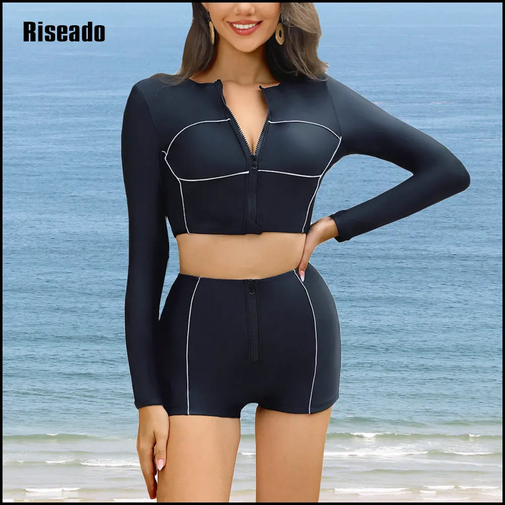 

2025 Beachwear Womens Sexy High Waist Rash Guard Long Sleeve 2 Pcs Swimsuit Crop Top and Shorts Bottom