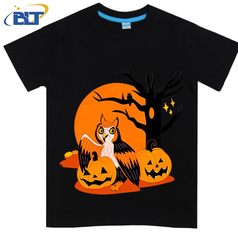 Camiseta con estampado de búho de Halloween para niños, Tops casuales de manga corta de algodón, verano, adecuado para niños y niñas