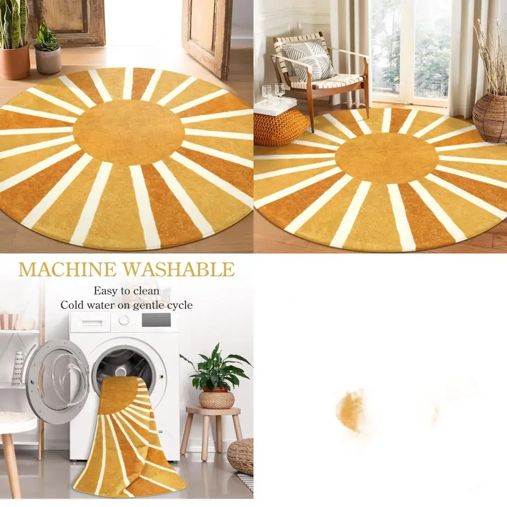 

Круглый ковер 5 футов - мягкий, машинная стирка, нескользящий, с принтом радуги и солнца, для спальни, гостиной, офиса, столовой