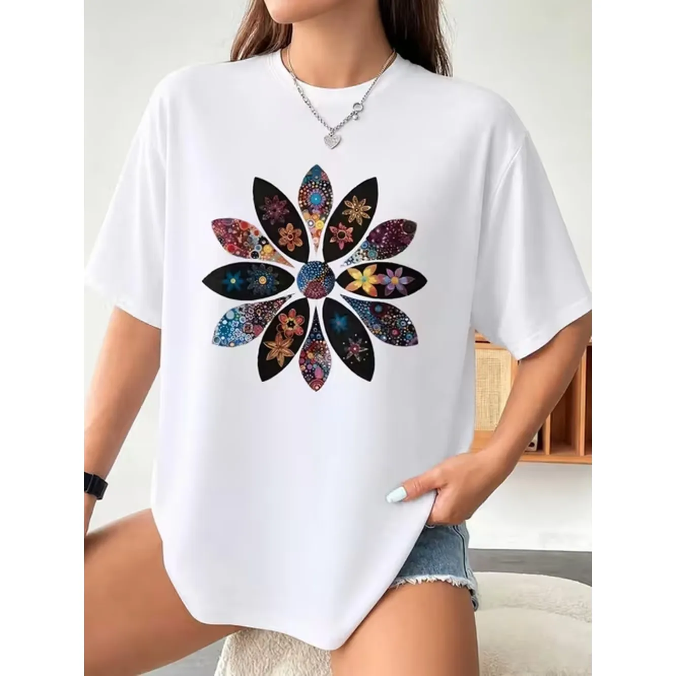 Camiseta de cuello redondo para mujer, talla grande, estilo bohemio, con estampado de mandala colorido, informal, para verano, regalo para ella.