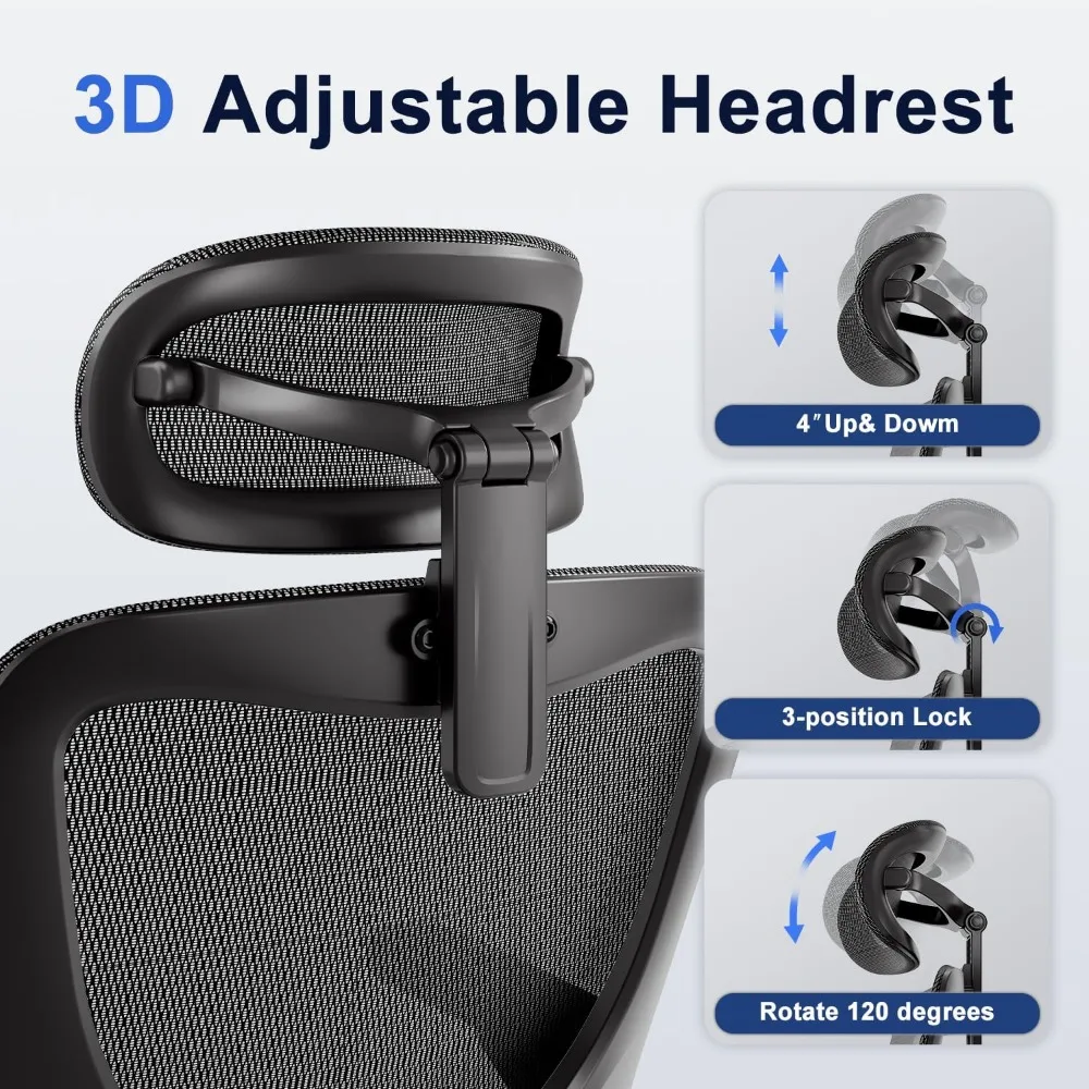 Ergonomic Office Chair，Mesh Seat Cushion with 3D Armrests and 3D Headrest, Adjustable Lumbar Support with Rocking Function, SGS