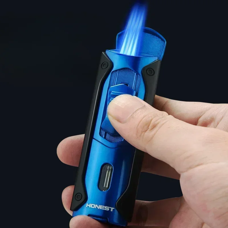 HONEST Briquet à cigare multifonctionnel d'extérieur Turbo 4 torches à flamme bleue en métal coupe-vent au gaz butane avec coupe-cigare, cadeau pour hommes