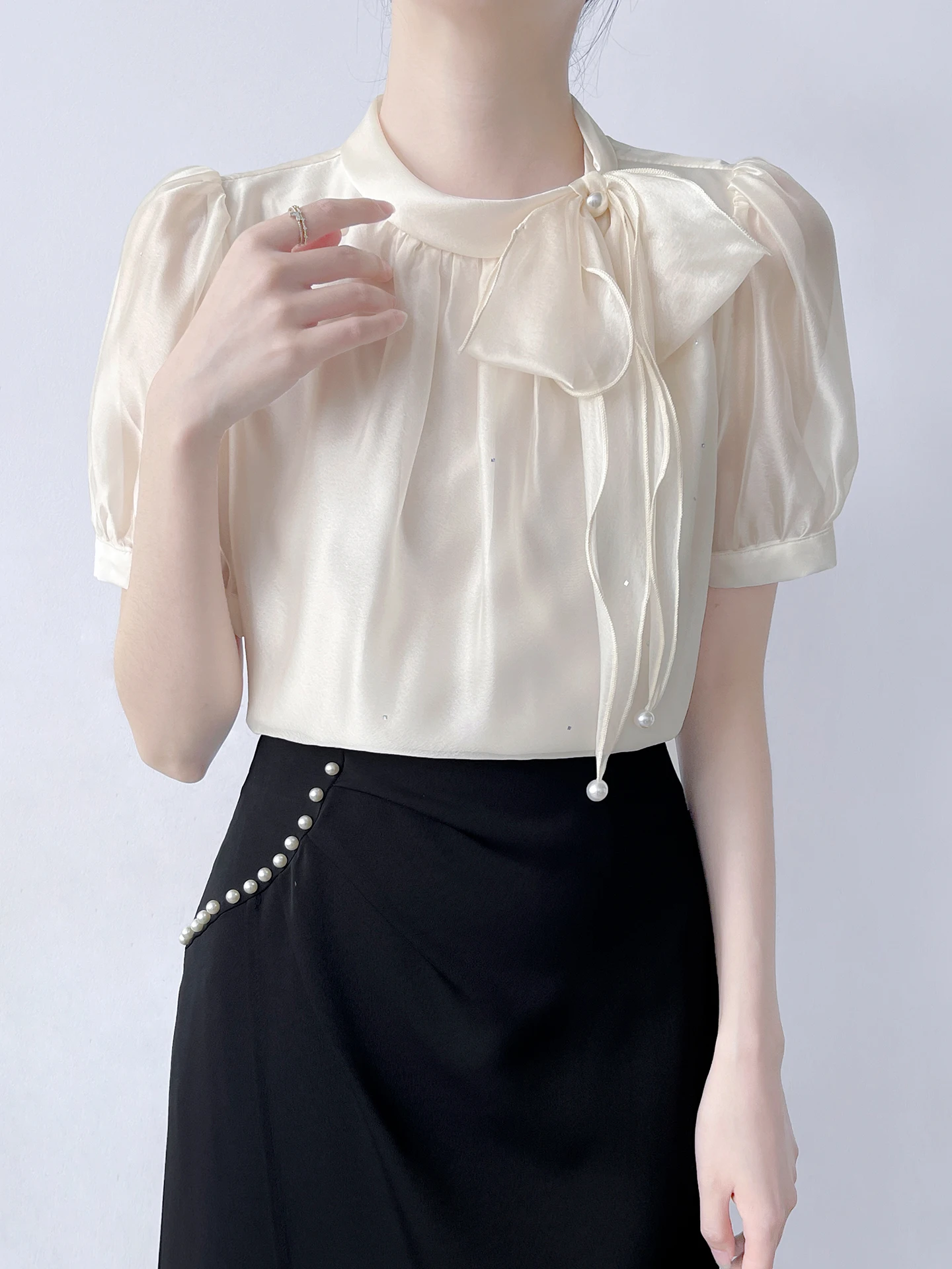 

Korean Style Commute Shirt Women Gentle Personality Stand Collar Bubble Sleeve Silk Chiffon Top Knot Short Sleeve
