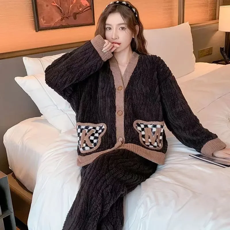 

2023 New Sleepwear Women's Autumn and Winter Coral Pajama Plush Thickened and Velvet Flannel Homewear Warm Fur Loungewear Set