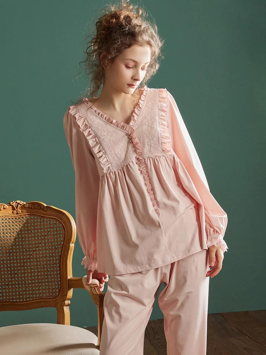 

Vintage Soft Cotton Embroidery Pajamas Sets For Women Spring Autumn Sleepwear Suits Comfortable Nightwear