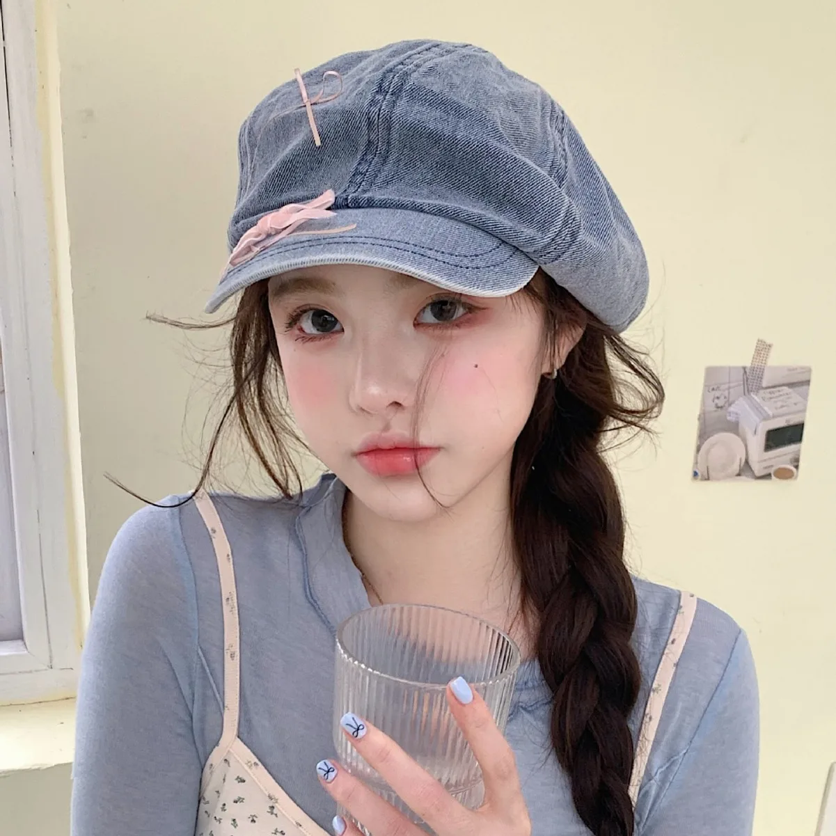 Ladies' Berets Korean Denim Bow Cute Sweet Kawaii Simple Verstaile Newsboy Caps High-quality Luxury Brand Artist Hats For Girl
