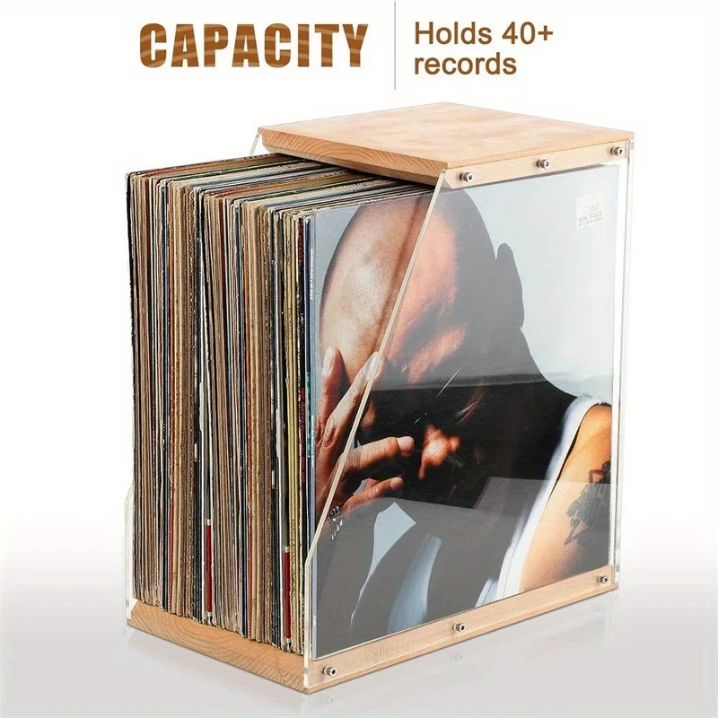 Wooden & Acrylic Vinyl Record Stand - Desktop Storage Display Rack for Vinyl Records Cassettes Books