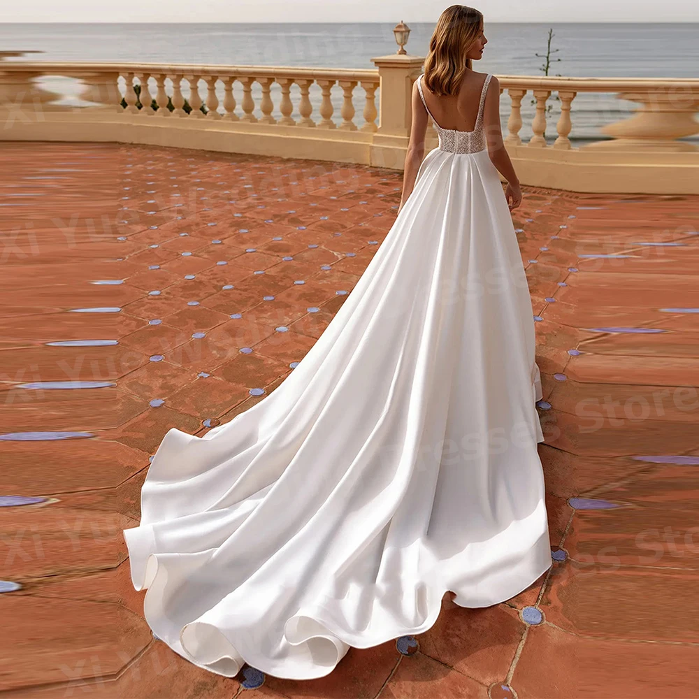 반짝 이는 라인 여성 웨딩 드레스 스파게티 스트랩 Vestidos De Novia 신부 가운 맞춤형 민소매 새틴 Hochzeitskleid