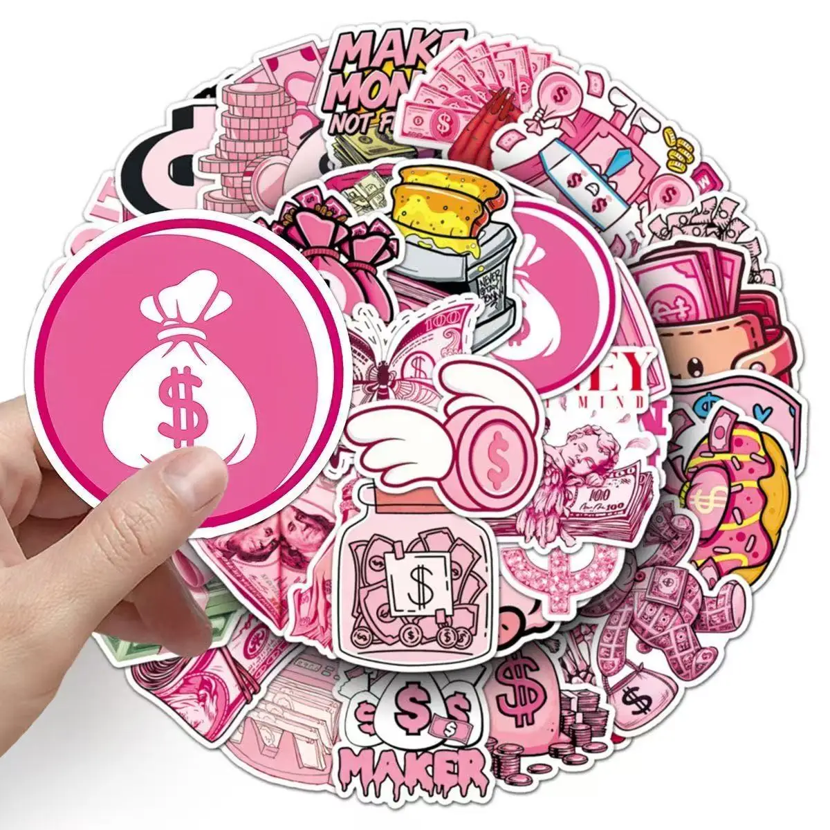50Pcs Cute Pink Dollar Coin Cartoon Stickers Trendy Creative Decorative Decals Perfect for Helmet Luggage Travel Accessories