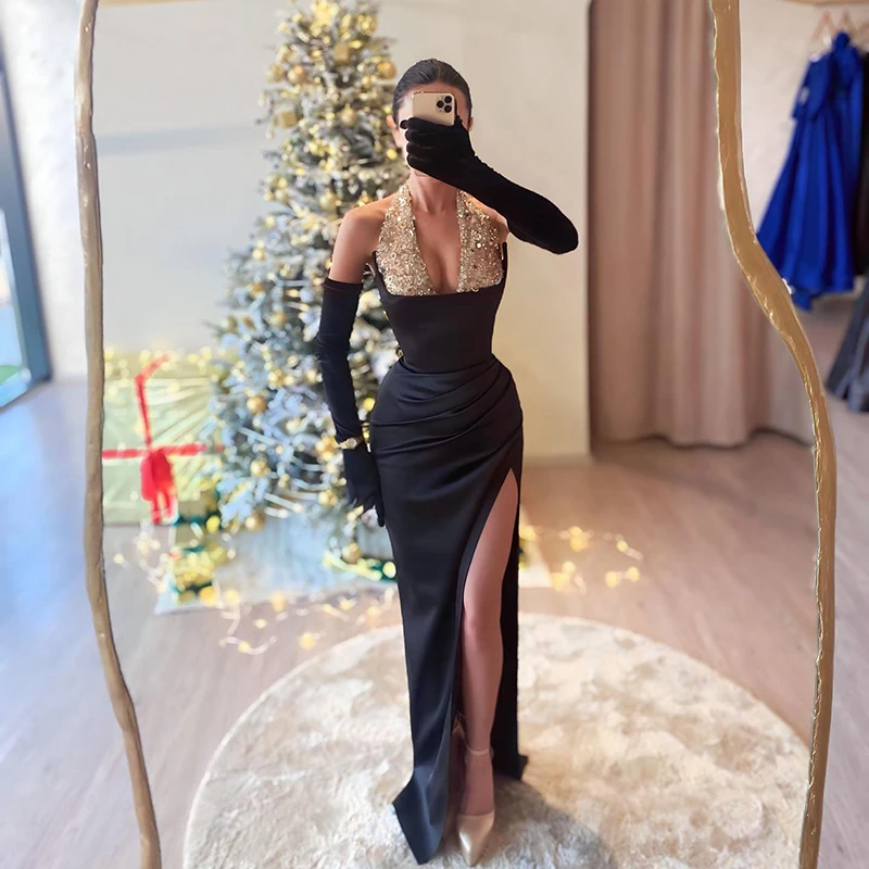 

Thinyfull Black Formal Mermaid Prom Dresses Halter Neck Sequines Evening Party Dress 2024 Night Cocktail Prom Gowns Custom Size