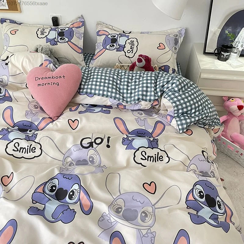 Disney Cute Stitch Washed Cotton Bedding 4 Piece Set Quilt Cover Bed Linen Pillowcase Room Decor Student 3 Piece Set Breathable