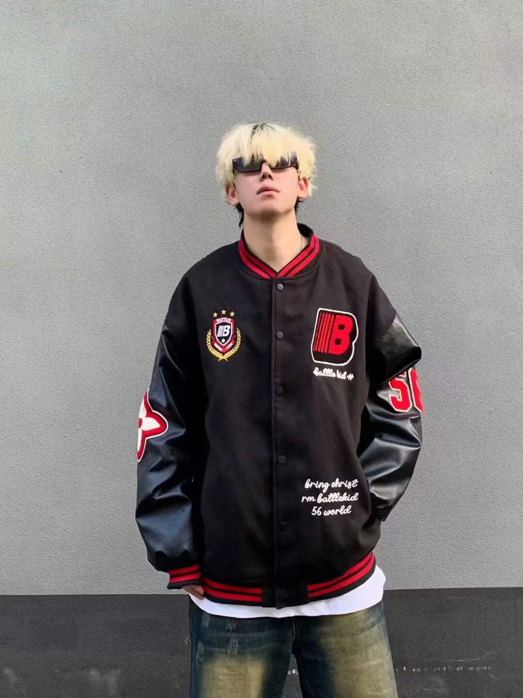 

Retro Patchwork Color Blo Baseball Jaet Loose Fit ex Autumn Winter Heavyweight Couple's Jaet Youth Faion Polyeste...