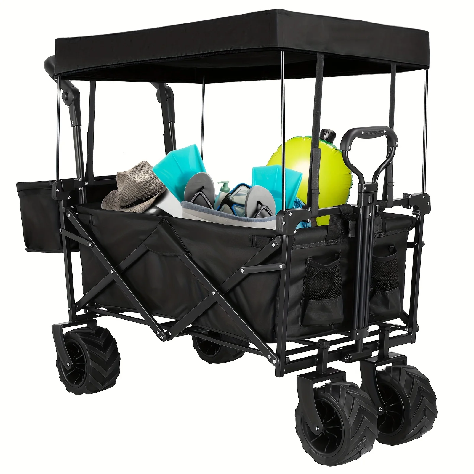 Extra Large Collapsible Wagon, Removable Canopy, Outdoor Storage Cart, Beach Camping Cart, Foldable Shopping, 250lbs