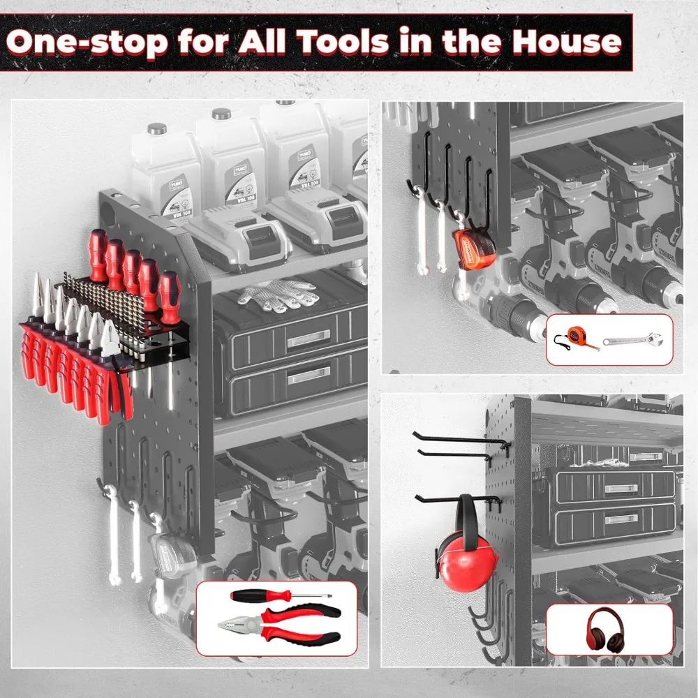 Kafahom Elektrisch Gereedschap Organizer, Grote 8 Boorhouder Muurbevestiging Met 2 Zijpegboards, Zware Metalen Gereedschapplank Met 12 Haken