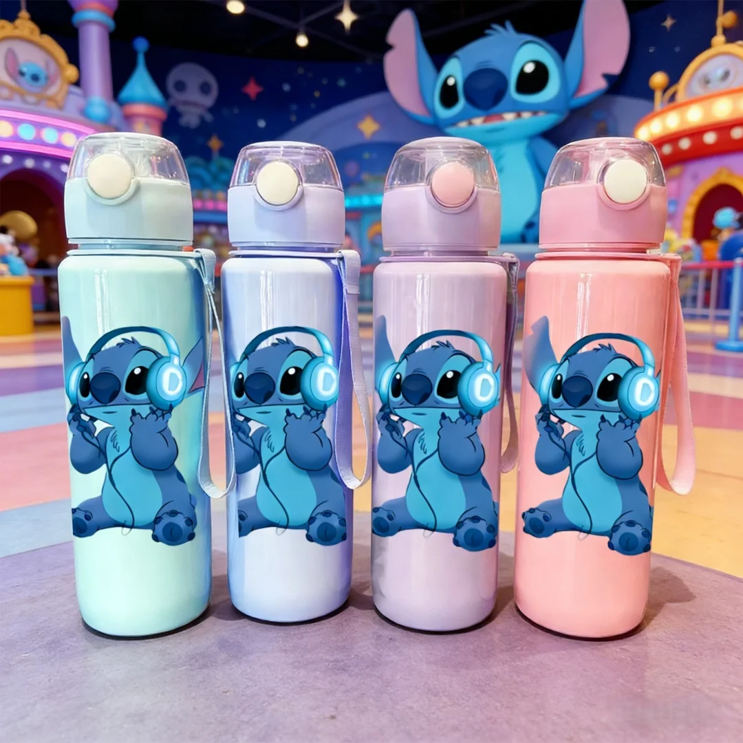 Disney Stitch Water Bottle, New Push-Type Lid, Reusable, Lightweight, Travel Bottle, Durable Plastic, Cute Printed Patte
