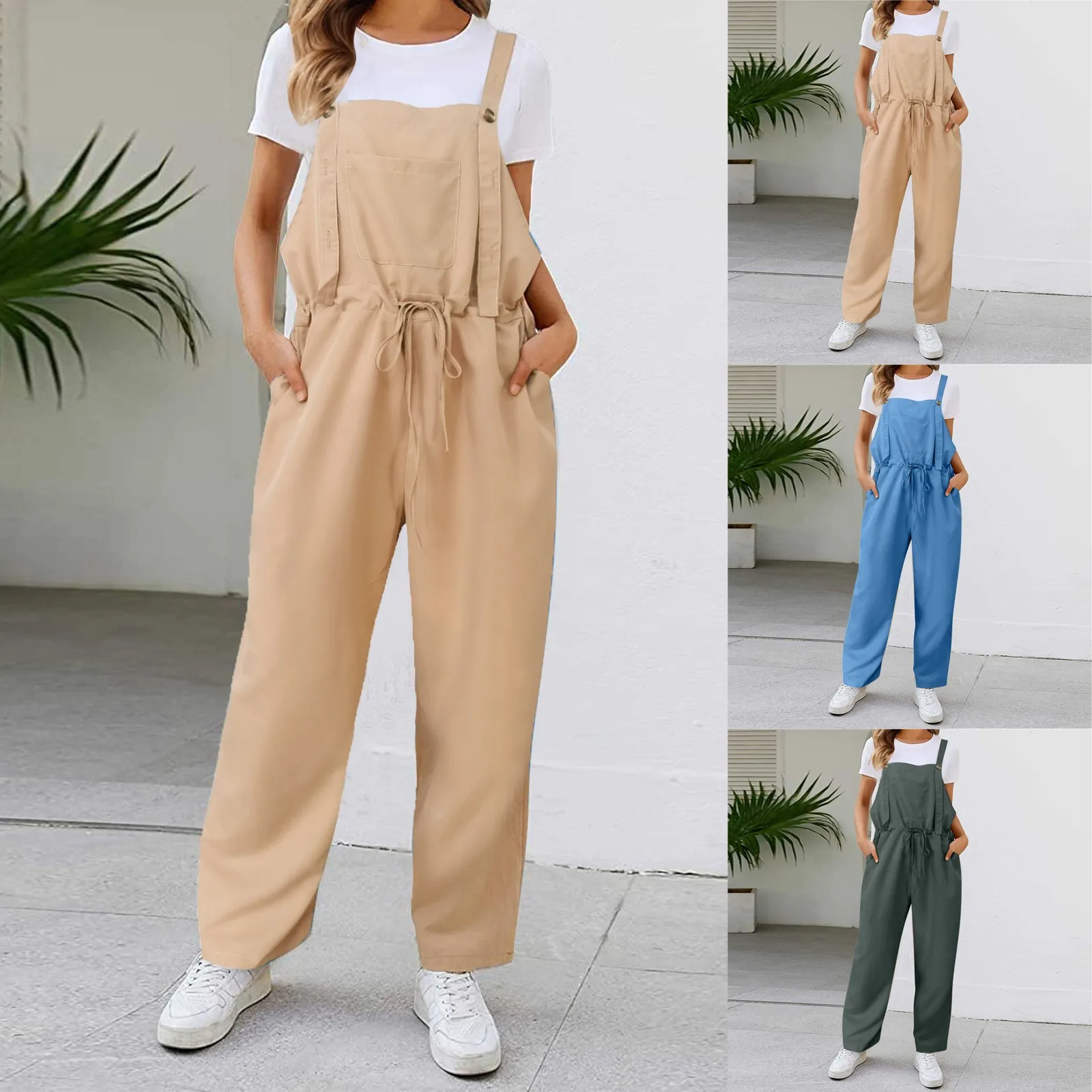 2024 Zomer Dames Lange Jumpsuit Effen Kleur Casual Losse Dunne Maat Mouwloze Bandjes Wijde Pijpen Dames Jarretel Losse Jumpsuit