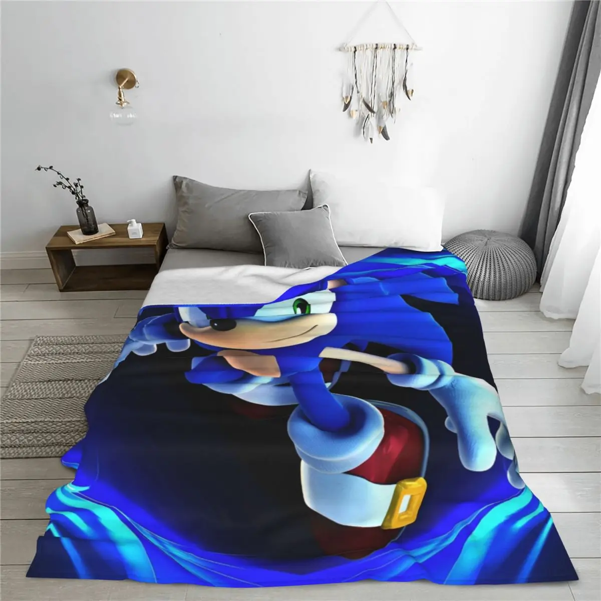 S-Sonic Retro Game Cartoon Blanket Cover Japanese Cool Flannel Throw Blanket Airplane Travel Printed Ultra-Soft Warm Bedspreads