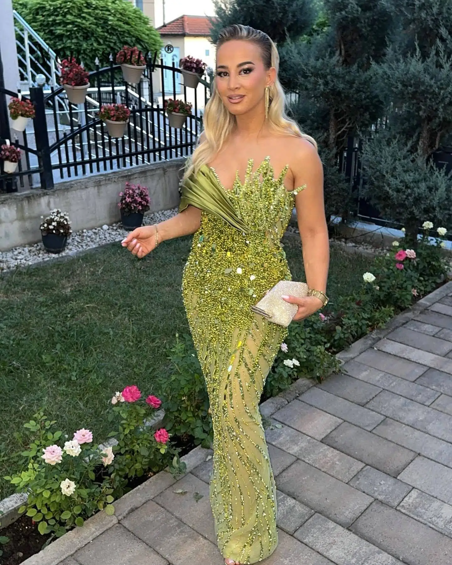 Arabic Green Crystals Beaded One Shoulder Mermaid Evening Dresses Elegant Formal Party Gowns Wedding Guest Wear for Women