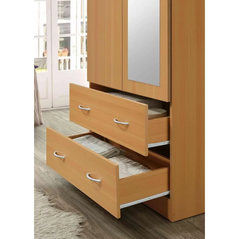 2 Door Wood Wardrobe for Bedroom with Hanging Clothing Rod inside the Cabinet and 2 Drawers for Storage Organization