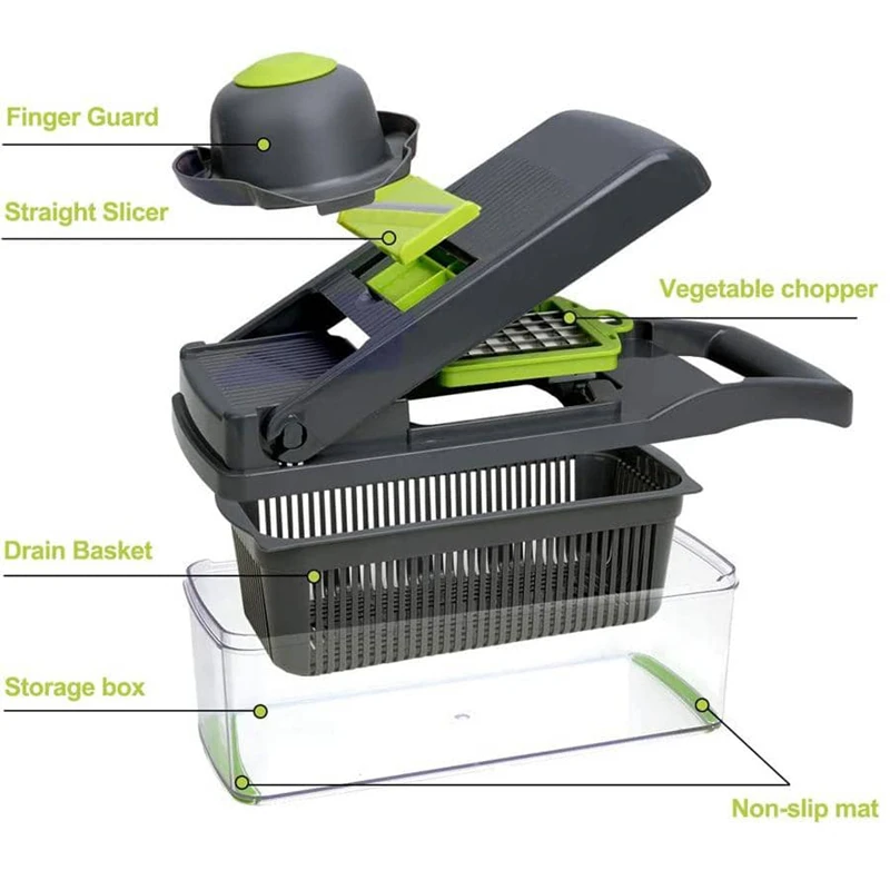 1Pc Green Black 12 in 1 Multifunctional Vegetable Slicer Cutter Shredders Slicer With Basket Fruit Potato Chopper Carrot Grater