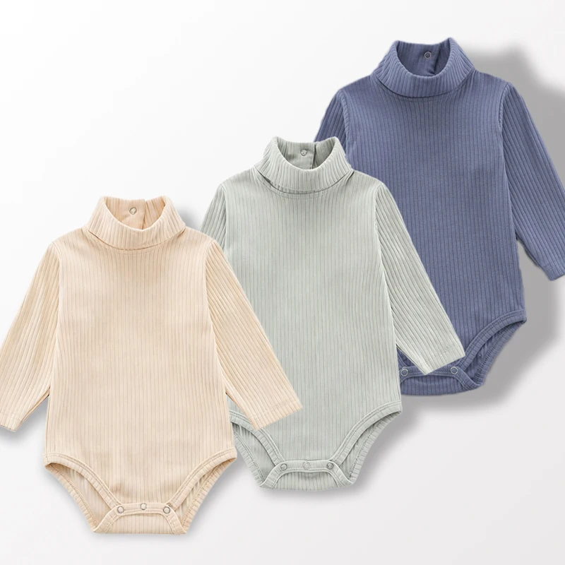 3-Pack Baby Bodysuit Long Sleeve Turtle Neck Ribbed Cotton Onesie Newborn Autumn Winter Undershirt for Boys Girls 0-18M