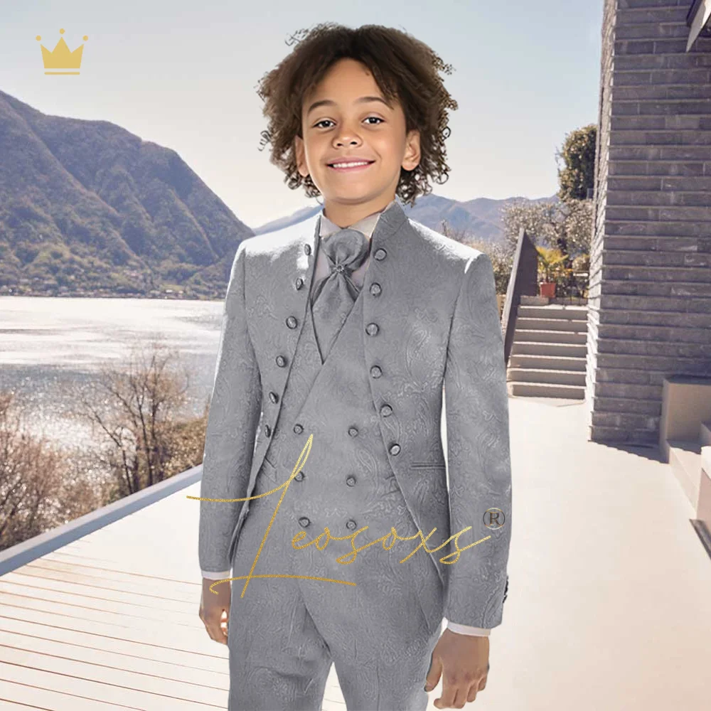 Boys' Jacquard 3-Piece Suit - Custom-made, elegant, vintage, and royal court style, suitable for weddings and banquets.