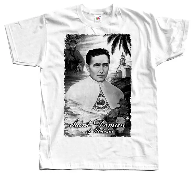 Saint Damien of Molokai Catholic vintage T shirt Tee White natural cotton