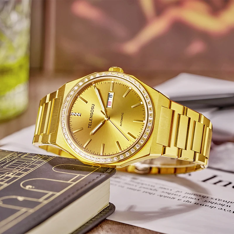 TELENSOSU ساعة رجالي تقويم مزدوج ساعة ميكانيكية أوتوماتيكية إطار الماس اليابان MIYOTA8205 ساعة ياقوت فاخرة 8803