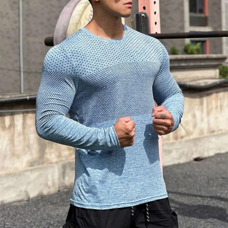 New fashion men's sportswear round neck long sleeve T-shirt shirt thin quick drying breathable fitness men's wear