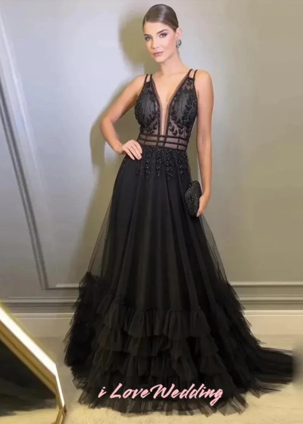 مثير السباغيتي حزام ألف خط فساتين السهرة السوداء الديكور الخامس الرقبة فستان الحفلة الراقصة المطرزة المتدرج فستان الحفلات مفتوح الظهر حسب الطلب #4