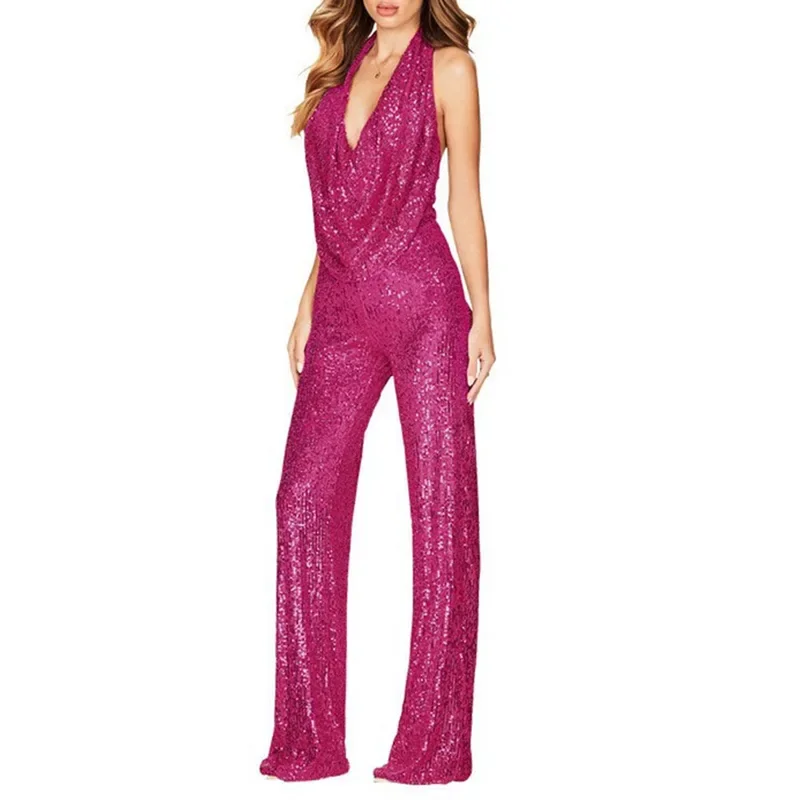 Elegante Neck holder ärmellose gerade Spiel anzüge Frauen sexy Glitzer Pailletten Club Party Overalls Sommer Frauen Mode rücken freie Stram pler